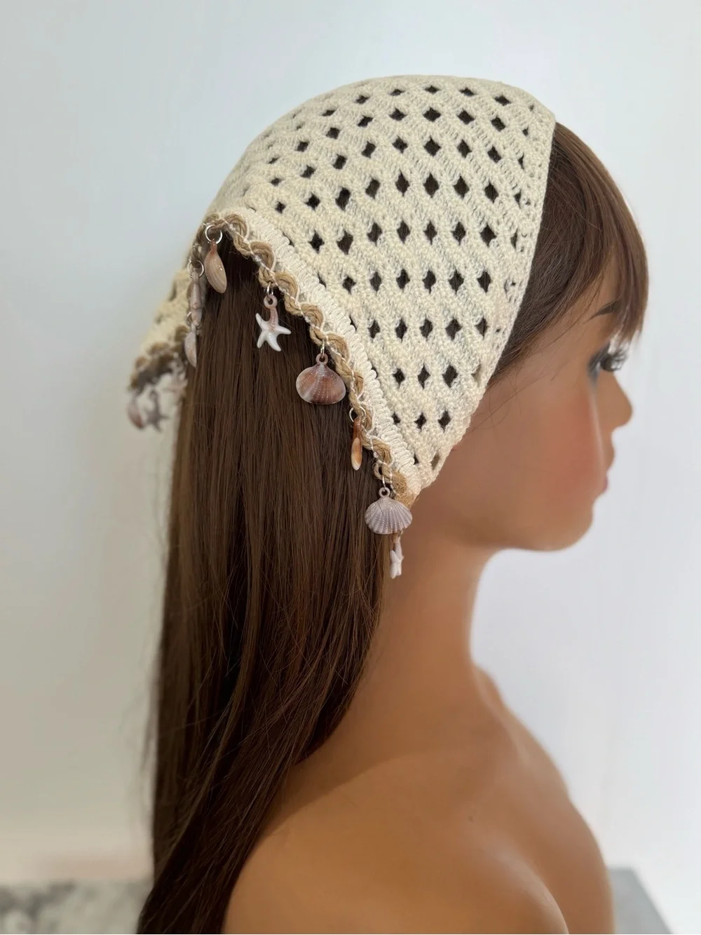 Boho Coastal Crochet Triangle Head Scarf Shell Charm Bandana Cream Beachcore